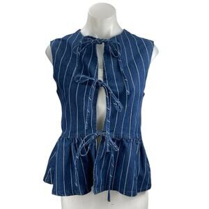 Commense Women's Blue Striped Sleeveless Tie Front Peplum Blouse Tank Top Size S